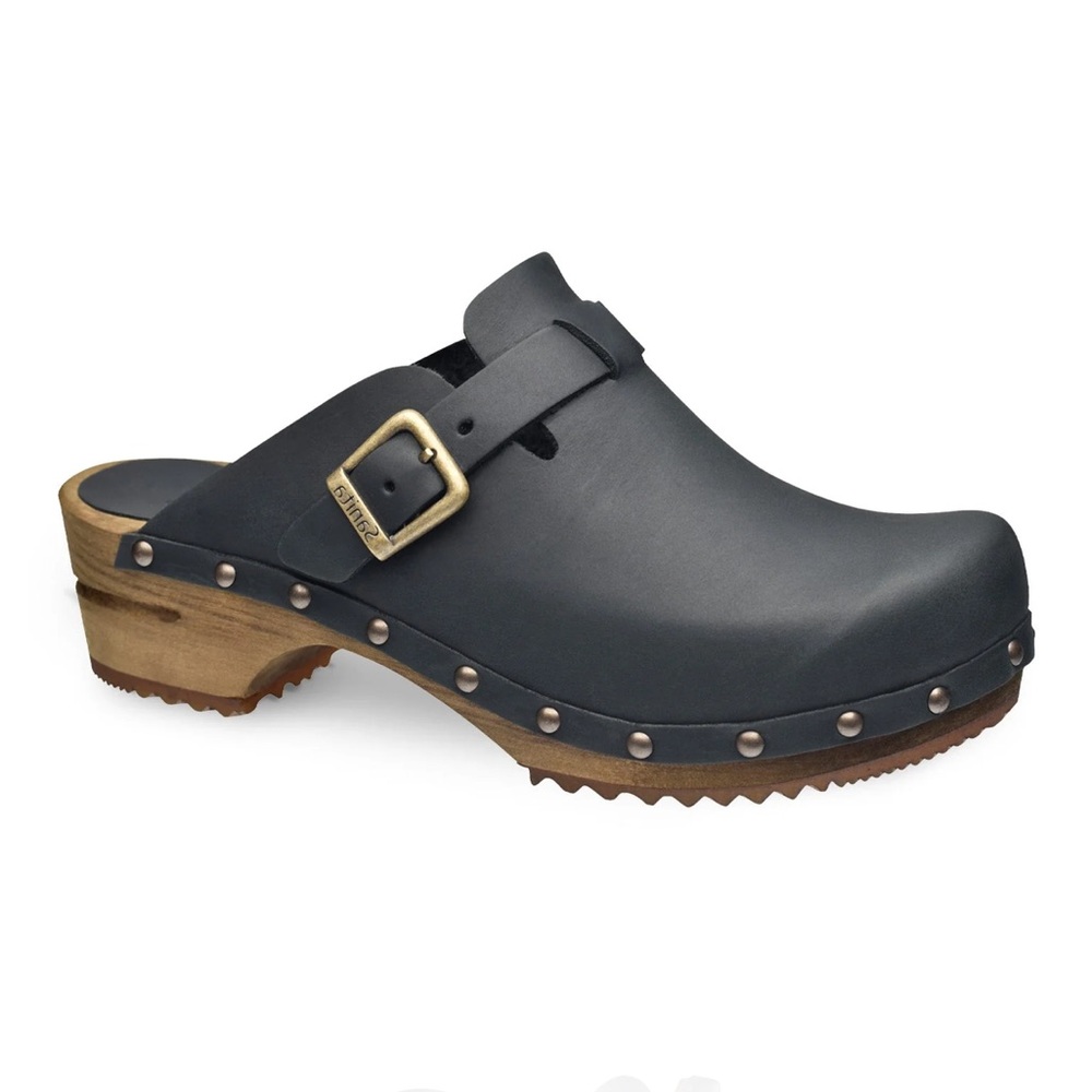 Sanita Black Leather Clogs with Wooden Sole